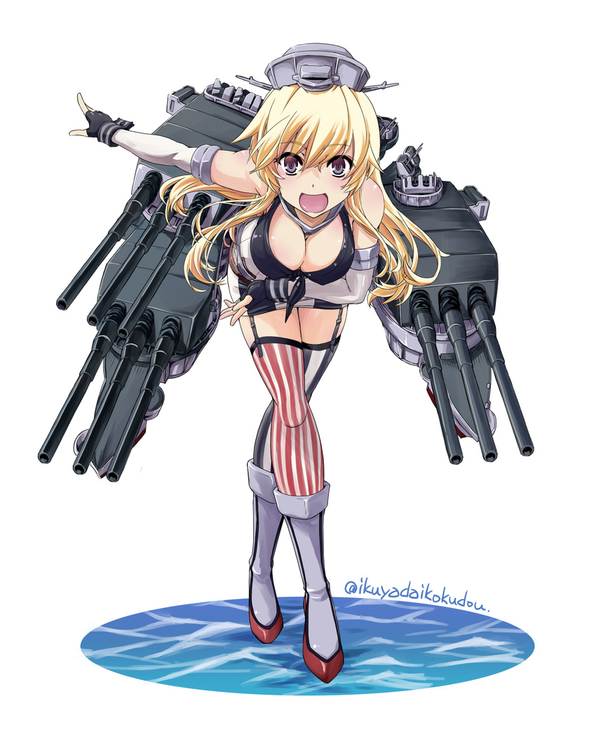 american_flag american_flag_legwear bare_shoulders belt blonde_hair blue_eyes blush boots bowing breasts cleavage elbow_gloves fingerless_gloves flag_print front-tie_top full_body garter_straps gloves grey_footwear hair_between_eyes hat headgear highres ikuya_daikokudou iowa_(kantai_collection) kantai_collection large_breasts long_hair looking_at_viewer miniskirt mismatched_legwear open_mouth skirt smile solo striped striped_legwear thighhighs twitter_username vertical-striped_legwear vertical-striped_skirt vertical_stripes white_background zettai_ryouiki