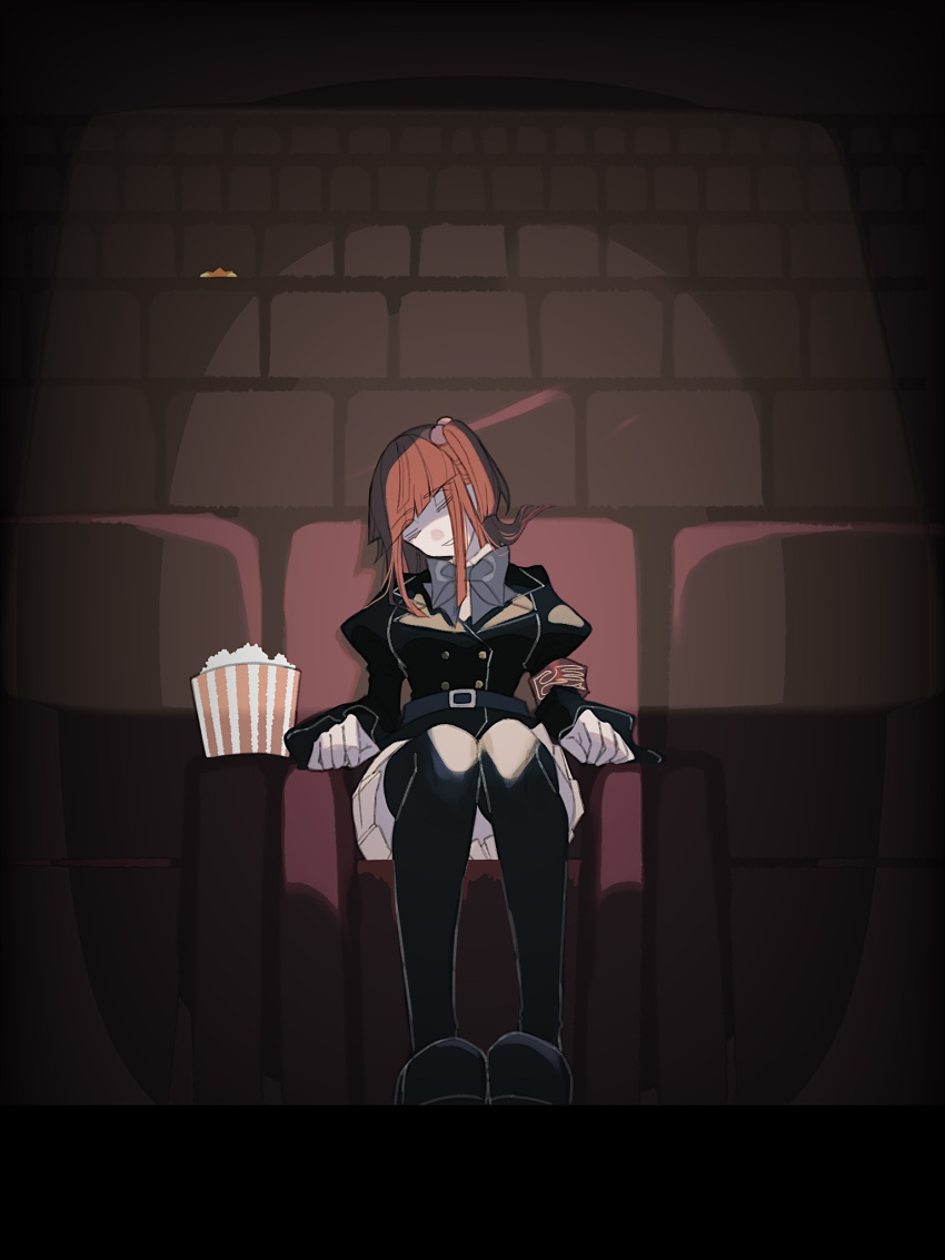 1girl armband belt black_jacket black_thighhighs blunt_bangs bow breasts buttons closed_eyes double-breasted food hair_bobbles hair_ornament highres jacket large_breasts long_hair long_sleeves movie_theater pleated_skirt popcorn puffy_long_sleeves puffy_sleeves red_hair sidelocks sitting skirt sleeping solo theater thighhighs tukijirou960 two_side_up umineko_no_naku_koro_ni ushiromiya_ange white_skirt