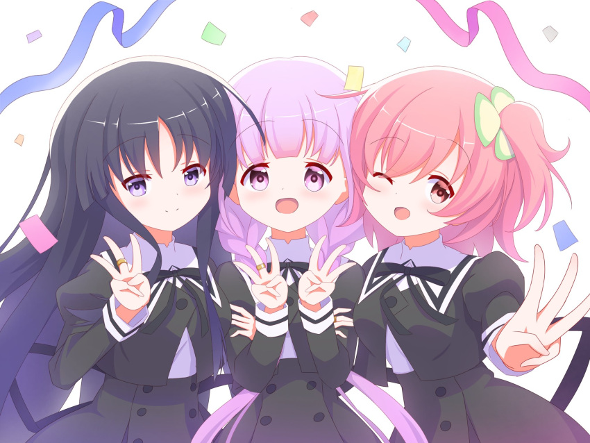 3girls anniversary arm_hug assault_lily black_hair black_ribbon black_skirt blunt_bangs braid buttons closed_mouth clover_hair_ornament commentary_request confetti double_arm_hug four-leaf_clover_hair_ornament hair_ornament hands_up high-waist_skirt highres hitotsuyanagi_riri hitotsuyanagi_yuri jewelry juliet_sleeves light_blush long_hair long_sleeves looking_at_viewer low_twin_braids low_twintails multiple_girls neck_ribbon one_side_up open_mouth outstretched_arm pink_eyes pink_hair puffy_sleeves purple_eyes purple_hair ri_(pikatexiu_106) ribbon ring school_uniform shirai_yuyu shirt short_hair side-by-side sidelocks simple_background skirt smile solo streamers twin_braids twintails upper_body very_long_hair w white_background white_shirt yurigaoka_girls_academy_school_uniform