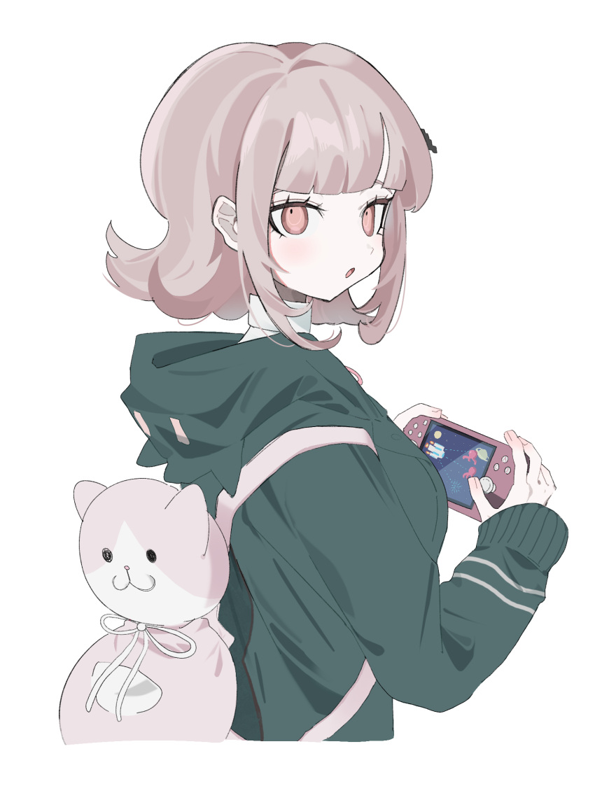 1girl :o brown_hair cropped_torso danganronpa_(series) danganronpa_2:_goodbye_despair flipped_hair from_side green_jacket handheld_game_console highres holding holding_handheld_game_console hood hood_down hooded_jacket jacket jun_(lllllllllkatte) long_sleeves nanami_chiaki pink_bag pink_eyes simple_background solo