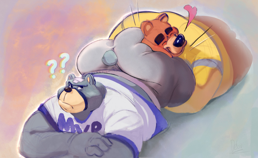 &lt;3 2024 animal_crossing anthro anthro_on_anthro ass_up band-aid bandage bear big_butt big_muscles bottomless bottomless_anthro bottomless_male bubble_butt butt butt_hug butt_squish clothed clothing crossed_arms curt_(animal_crossing) debudraws duo embrace eyebrows eyes_closed face_in_ass face_squish frown fur hi_res hug huge_butt looking_back lying male male/male mammal motion_lines muscular muscular_anthro muscular_male nintendo on_front pink_background question_mark shirt simple_background smile squish sweater t-shirt teddy_(animal_crossing) thick_eyebrows thick_thighs topwear tuft
