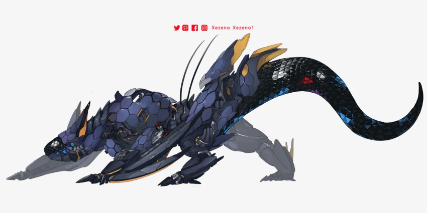 animal_focus artist_name commentary dragon english_commentary facebook_logo facebook_username from_side full_body instagram_logo instagram_username making-of_available mecha mechanization monster_hunter_(series) nargacuga no_humans non-humanoid_robot pixiv_logo pixiv_username robot robot_animal science_fiction simple_background solo speedpaint twitter_logo twitter_username white_background wyvern xezeno