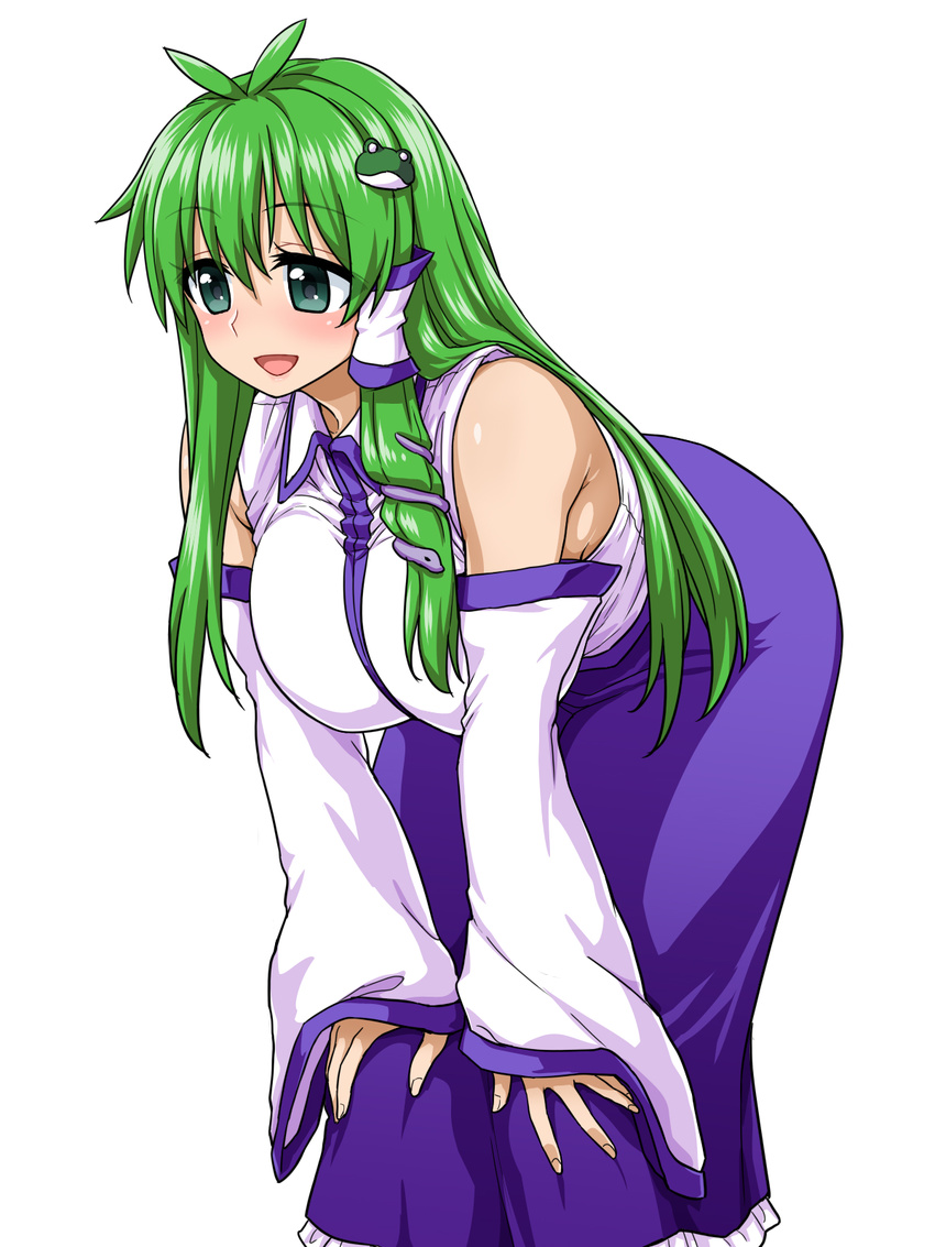 :d antenna_hair armpit_peek bangs bare_shoulders blush breasts commentary_request detached_sleeves frog_hair_ornament green_eyes green_hair hair_ornament hair_tubes hands_on_own_knees highres itou_yuuji japanese_clothes kochiya_sanae large_breasts leaning_forward long_hair long_skirt long_sleeves nontraditional_miko open_mouth purple_skirt shirt skirt smile snake_hair_ornament solo tareme touhou white_shirt wide_sleeves