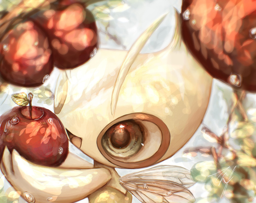 :d antennae apple blurry blurry_background blurry_foreground branch celebi colored_skin depth_of_field dew_drop fairy_wings food fruit green_skin highres holding holding_food holding_fruit insect_wings leaf no_humans open_mouth pokemon red_apple sepia signature smile solo tensaitou_tou tree upper_body water_drop wings