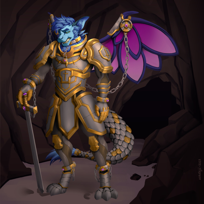 accessory anthro armor biped blue_body blue_fur cave chain clothed clothing collar dragon fur furred_dragon gold_(metal) gold_armor grimace hair heavy_armor hi_res holding_object holding_weapon jewelry lock looking_at_viewer male melee_weapon muscular muscular_anthro muscular_male nardoragon paladin purple_gem purple_wings solo standing sword tail teeth tree_wormwood wadaji weapon wings