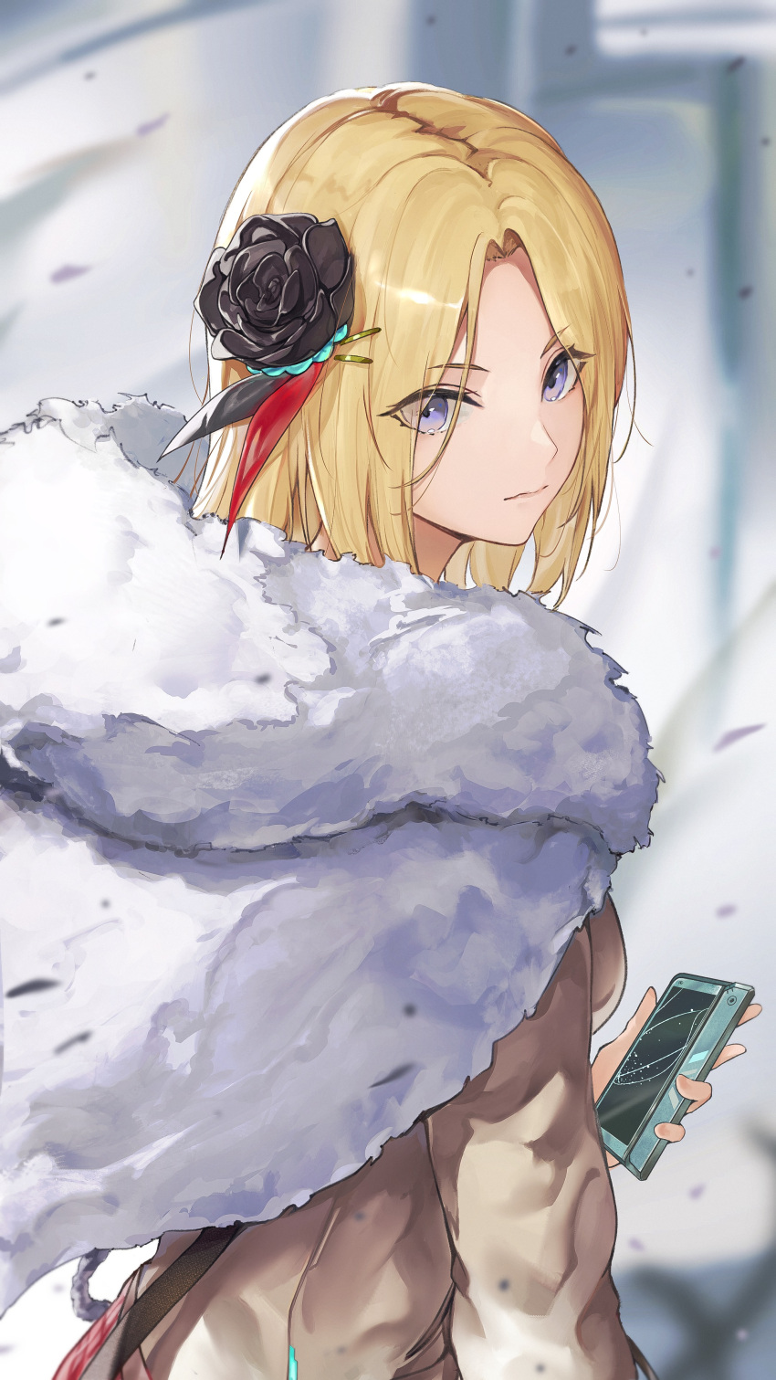 1girl absurdres black_flower black_rose blonde_hair brown_shirt cape cellphone closed_mouth flower from_behind fur-trimmed_cape fur_trim hair_flower hair_ornament heaven_burns_red highres holding holding_phone long_sleeves looking_at_viewer marumoru medium_hair minase_ichigo parted_bangs phone purple_eyes rose second-party_source shirt smartphone solo upper_body