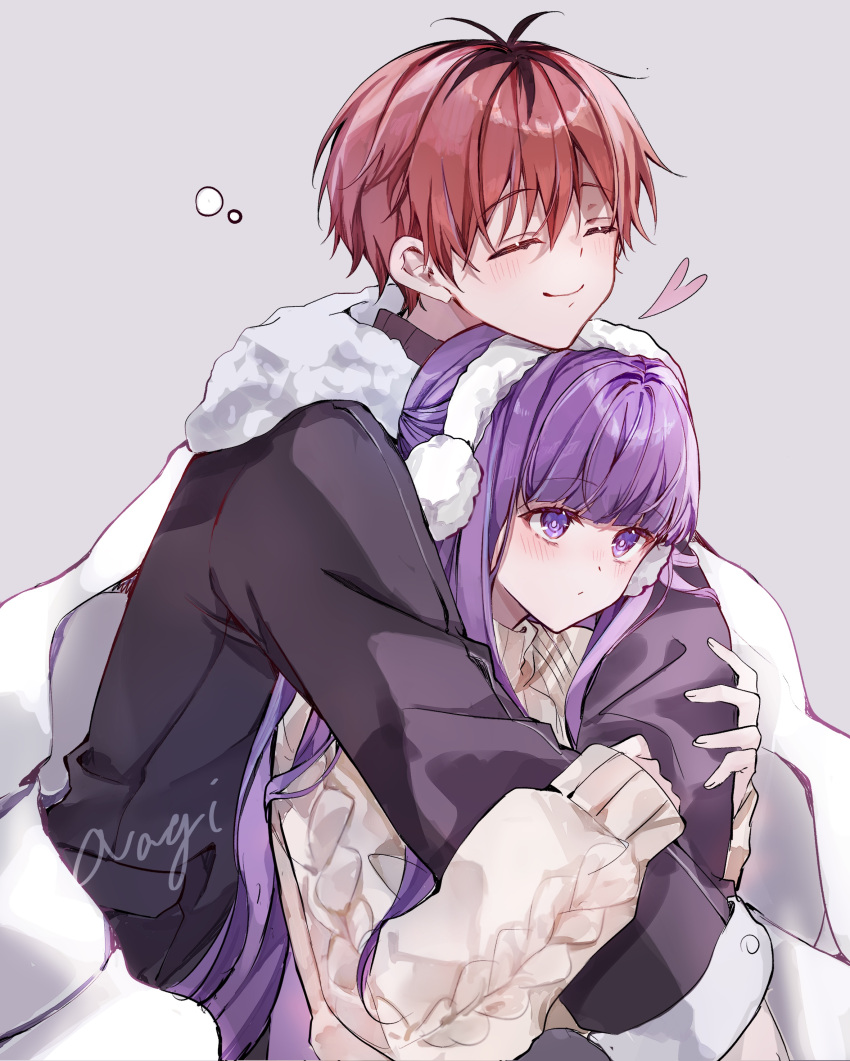 1boy 1girl absurdres artist_name black_hair black_jacket blanket blush closed_eyes commentary earmuffs english_commentary fern_(sousou_no_frieren) frieren grey_background heart hetero highres hug hug_from_behind jacket long_hair multicolored_hair nagihaha purple_eyes purple_hair red_hair short_hair sidelocks signature simple_background smile sousou_no_frieren stark_(sousou_no_frieren) sweater two-tone_hair upper_body white_sweater