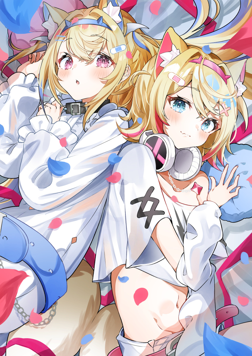 2girls absurdres animal_ear_fluff animal_ears belt_collar black_collar blonde_hair blue_hair blush closed_mouth collar cropped_shirt dog_ears dog_girl dog_tail dress flat_chest frilled_shorts frills furuki_ayaginutaira fuwawa_abyssgard fuwawa_abyssgard_(1st_costume) hair_ornament hairpin headphones headphones_around_neck highres hololive hololive_english long_hair looking_at_viewer medium_hair midriff mococo_abyssgard mococo_abyssgard_(1st_costume) multicolored_hair multiple_girls navel open_mouth pink_eyes pink_hair shirt short_shorts shorts siblings sisters streaked_hair tail twins virtual_youtuber white_dress white_shirt white_shorts x_hair_ornament