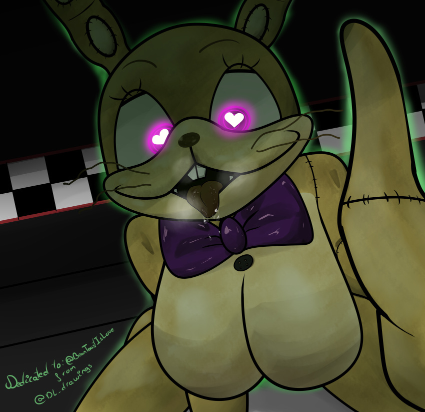 &lt;3 &lt;3_eyes absurd_res beanontoast big_breasts bodily_fluids bow_tie breasts desesperadoleon female female_on_top five_nights_at_freddy's five_nights_at_freddy's_vr:help_wanted glitchtrap hi_res hypnosis male male/female mind_control on_top saliva saliva_on_tongue saliva_string scottgames thighs tongue tongue_out