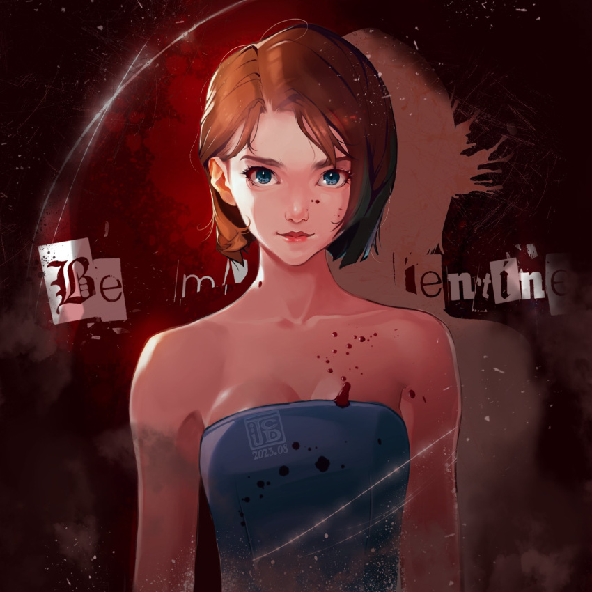 1girl bare_shoulders blood blood_on_chest blood_on_clothes blood_on_face blue_eyes blue_shirt bob_cut breasts brown_hair cleavage closed_mouth collarbone dated fumezu1 highres jill_valentine looking_at_viewer medium_breasts parted_bangs portrait resident_evil resident_evil_3:_nemesis shirt short_hair signature smile solo strapless strapless_shirt tube_top upper_body