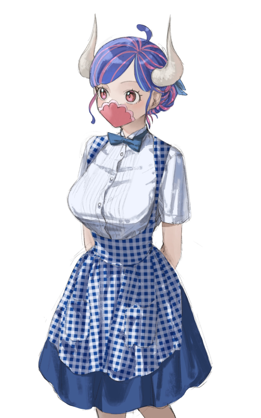 1girl absurdres ahoge alternate_costume alternate_hairstyle apron arms_behind_back blouse blue_bow blue_bowtie blue_hair blue_skirt bow bowtie breasts buttons gingham_apron highres horns kobeya_uniform large_breasts mask mouth_mask multicolored_hair one_piece pink_eyes pink_hair shirt short_sleeves simple_background skirt solo streaked_hair ulti_(one_piece) urasanmyaku waitress white_background