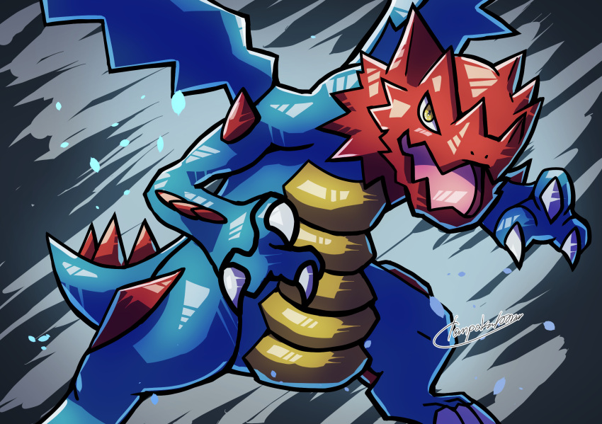 animal_focus claws commentary_request druddigon fangs grey_background highres no_humans open_mouth pokemon pokemon_(creature) signature skin_fangs tail tanpakuroom wings yellow_eyes