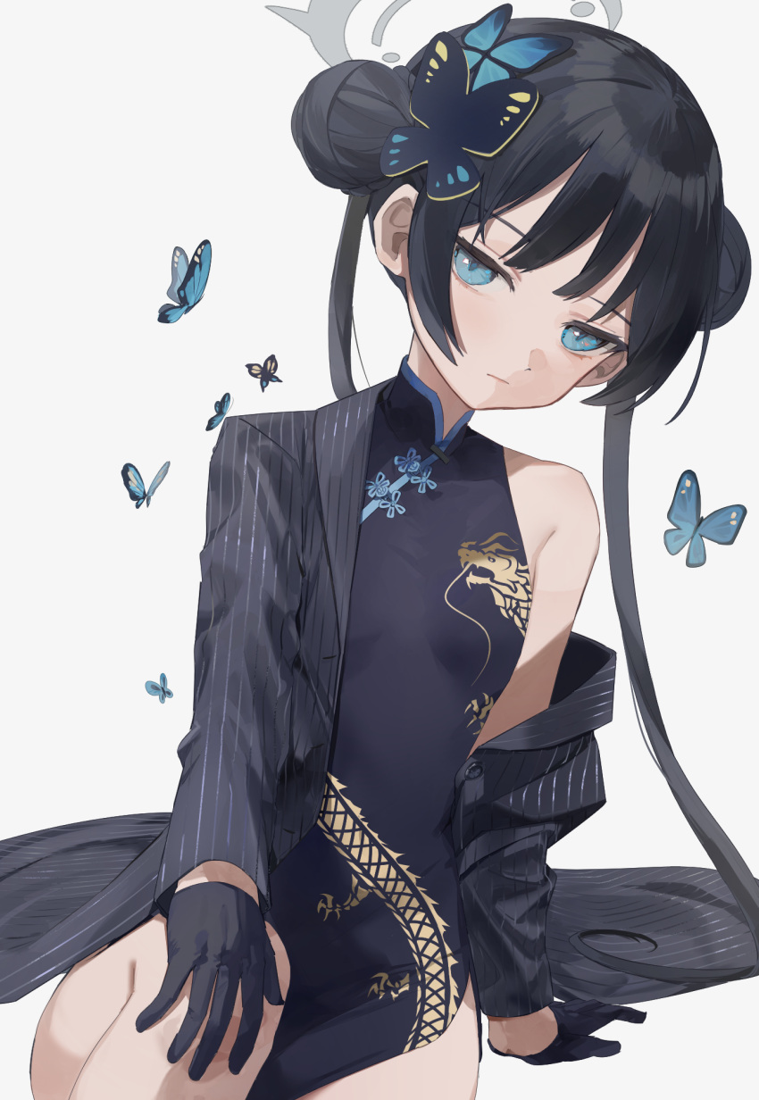 1girl alternate_eye_color arm_support black_dress black_gloves black_hair blue_archive blue_eyes breasts bug butterfly butterfly_hair_ornament china_dress chinese_clothes cjsdh1000 coat cowboy_shot double_bun dragon_print dress expressionless gloves grey_coat hair_bun hair_ornament half_gloves halo highres kisaki_(blue_archive) long_hair looking_at_viewer off_shoulder open_clothes open_coat pinstripe_pattern print_dress short_dress side_slit simple_background single_bare_shoulder sitting sleeveless sleeveless_dress small_breasts solo striped_coat twintails vertical-striped_coat white_background