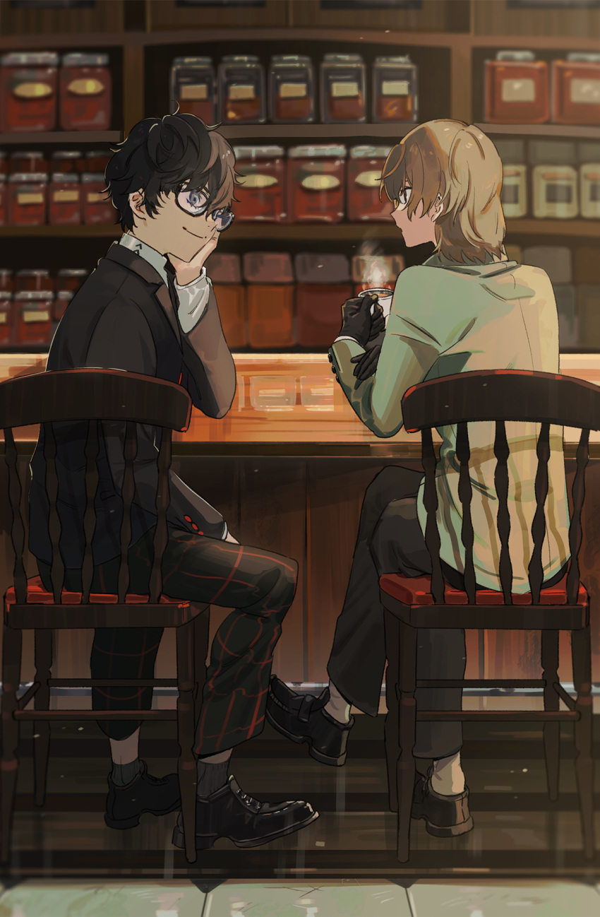 2boys akechi_gorou amamiya_ren black-framed_eyewear black_footwear black_gloves black_hair black_jacket brown_eyes coffee commentary_request crossed_legs cup facing_another from_behind full_body glasses gloves grey_eyes hair_between_eyes highres holding holding_cup indoors jacket light_brown_hair looking_at_another male_focus mayuakakun multiple_boys pants persona persona_5 plaid plaid_pants school_uniform short_hair shuujin_academy_school_uniform sitting smile steam yaoi