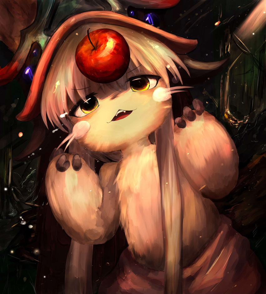 1girl :3 absurdres animal_ears apple food fruit furry hair_between_eyes hat highres looking_at_food looking_at_object made_in_abyss nanachi_(made_in_abyss) open_mouth pants red_headwear solo stuffing_scone white_hair yellow_eyes