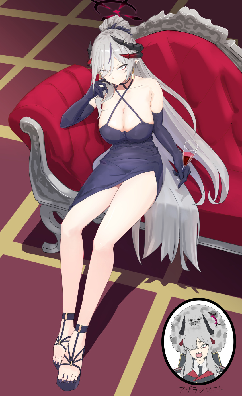 1girl absurdres alcohol bakaking bare_shoulders black_dress black_gloves black_halo black_horns black_nails blue_archive breasts cleavage commentary_request couch cup dress drinking_glass earrings elbow_gloves evening_gown gloves grey_eyes grey_hair halo highres holding holding_cup horns jewelry large_breasts legs long_hair makoto_(blue_archive) makoto_(dress)_(blue_archive) multicolored_hair nail_polish official_alternate_costume on_couch pointy_ears ponytail sitting solo streaked_hair thighs toenail_polish toenails very_long_hair wine wine_glass
