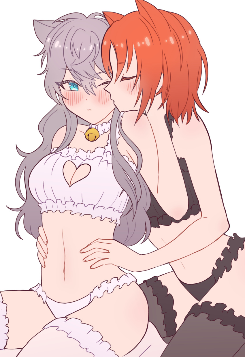 2girls absurdres animal_ears bare_shoulders bell black_thighhighs blush breasts cat_ears cat_girl cat_lingerie cat_tail cleavage_cutout clothing_cutout genderswap genderswap_(mtf) grey_hair hair_between_eyes highres jingle_bell kiss kissing_cheek leoizuyuri long_hair looking_at_another medium_breasts meme_attire midriff multiple_girls navel neck_bell one_eye_closed sena_izumi_(ensemble_stars!) short_hair sitting tail thighhighs tsukinaga_leo upper_body white_background white_thighhighs yuri