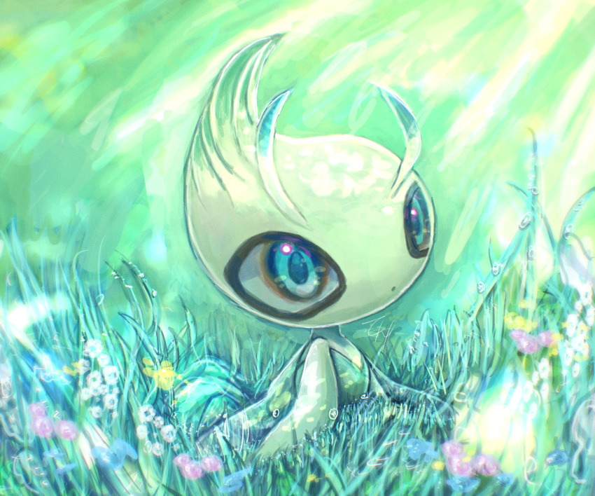 antennae aqua_eyes blurry blurry_background celebi colored_skin depth_of_field dew_drop fairy_wings flower grass green_skin green_theme highres looking_up no_humans parted_lips pointy_hair pokemon solo tensaitou_tou transparent_wings water_drop wings