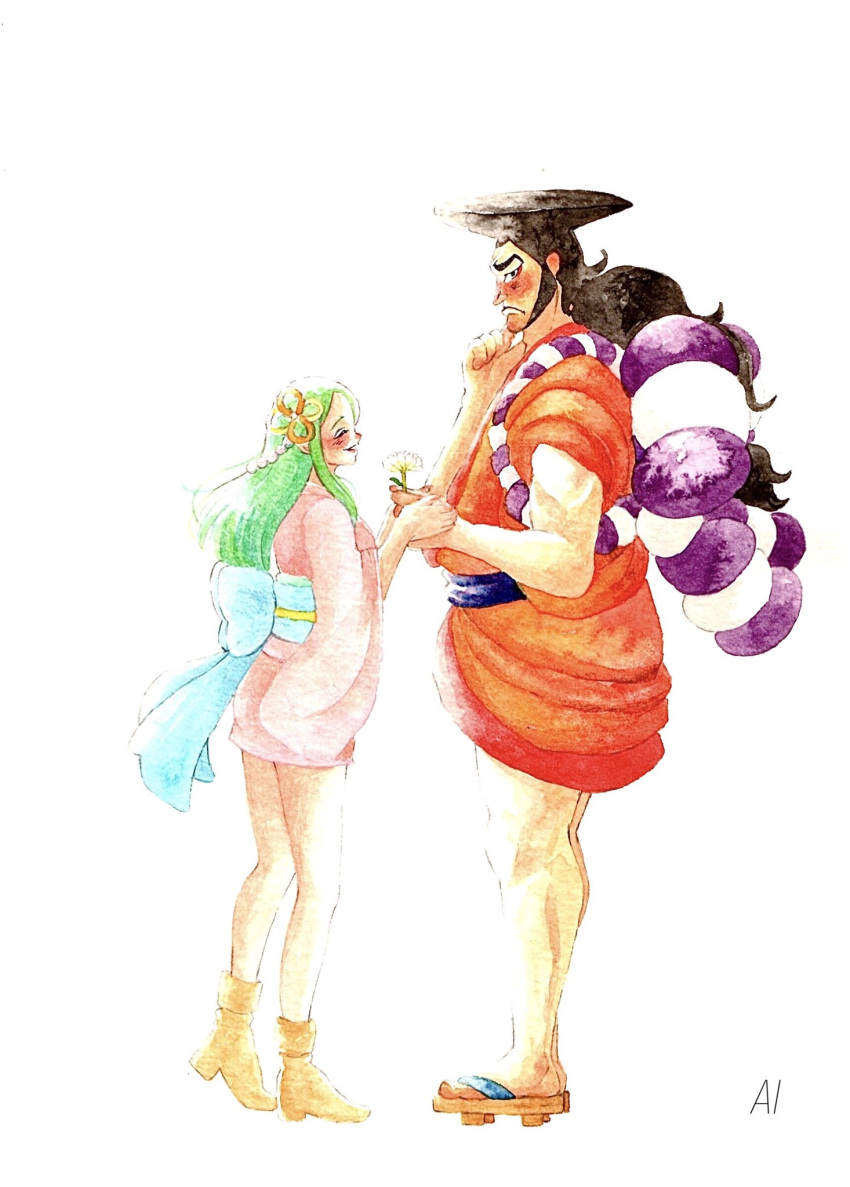 1boy 1girl black_hair blue_sash blush boots closed_eyes commentary_request flower geta green_hair hair_ornament hand_on_own_chin highres holding holding_flower holding_hands japanese_clothes kimono kouzuki_oden kouzuki_toki long_hair long_sideburns obi one_piece orange_kimono pink_kimono profile pupil308 rope sash shimenawa sideburns simple_background smile white_background