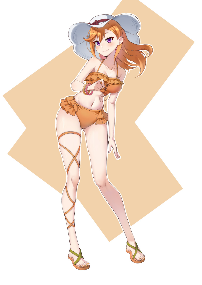 1girl absurdres ass_visible_through_thighs bare_shoulders bikini blush breasts cleavage collarbone commentary_request fingernails frilled_bikini frills full_body hair_between_eyes hat highres long_hair looking_at_viewer love_live! love_live!_superstar!! medium_breasts nail_polish navel orange_hair orange_nails outline purple_eyes sandals shibuya_kanon simple_background skindentation smile solo standing stomach sun_hat swept_bangs swimsuit thigh_gap thighs toenail_polish toenails toes white_background white_headwear white_outline yzlkun