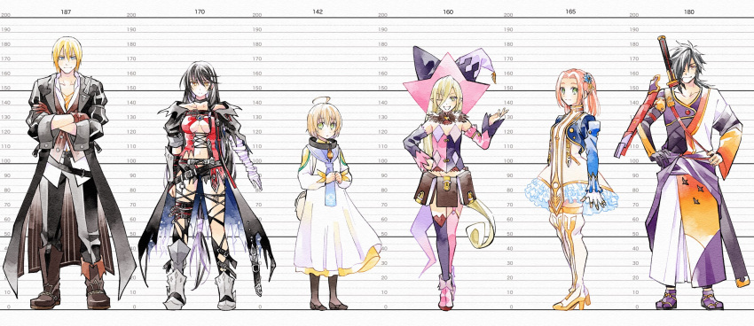 3boys 3girls ahoge armor belt black_hair black_jacket blonde_hair blue_eyes boots breasts brown_footwear collarbone commentary_request crossed_arms dress eizen_(tales) eleanor_hume enoki_kino frilled_dress frills full_body gold_trim greaves green_eyes hair_over_one_eye hand_on_own_hip hat height_chart high_heel_boots high_heels highres jacket jester_cap knee_boots laphicet_(tales) long_hair magilou_(tales) medium_hair multiple_boys multiple_girls one_eye_closed own_hands_together pink_hair rokurou_rangetsu smile standing sword sword_on_back tales_of_(series) tales_of_berseria teeth velvet_crowe weapon weapon_on_back white_background white_dress white_footwear yellow_eyes