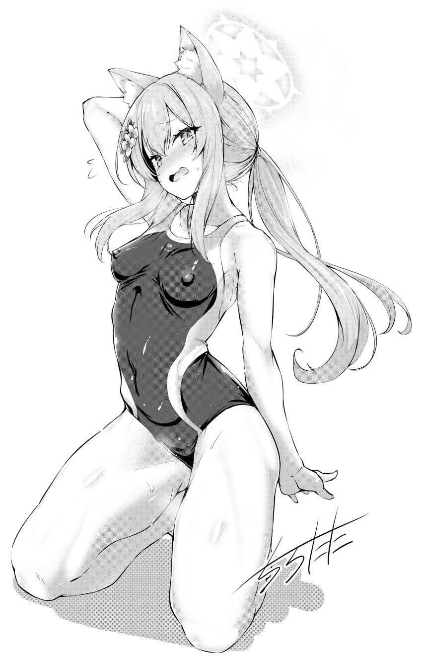 1girl absurdres alternate_costume animal_ear_fluff animal_ears bare_legs bare_shoulders blue_archive blush breasts cat_ears collarbone competition_school_swimsuit covered_navel covered_nipples full_body greyscale hair_between_eyes halo highleg highleg_swimsuit highres kneeling long_hair looking_at_viewer mari_(blue_archive) monochrome one-piece_swimsuit open_mouth school_swimsuit signature simple_background small_breasts solo swimsuit tirotata trinity_general_school_swimsuit