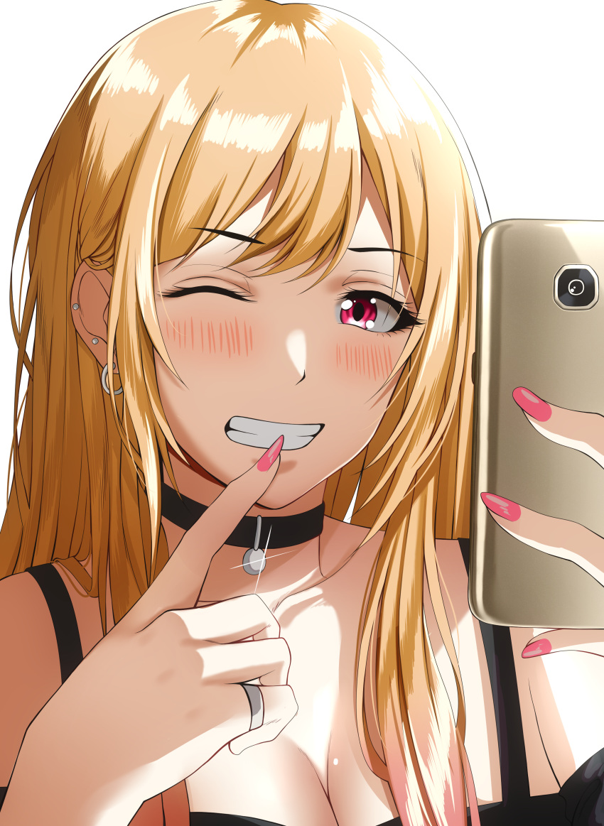 1girl absurdres black_choker blonde_hair breasts cellphone choker cleavage ear_piercing earrings grin highres holding holding_phone jewelry kitagawa_marin long_hair looking_at_viewer off-shoulder_shirt off_shoulder one_eye_closed phone piercing pink_eyes pink_nails ring selfie shirt simple_background smartphone smile solo sono_bisque_doll_wa_koi_wo_suru sparkle spookypicklez teeth white_background