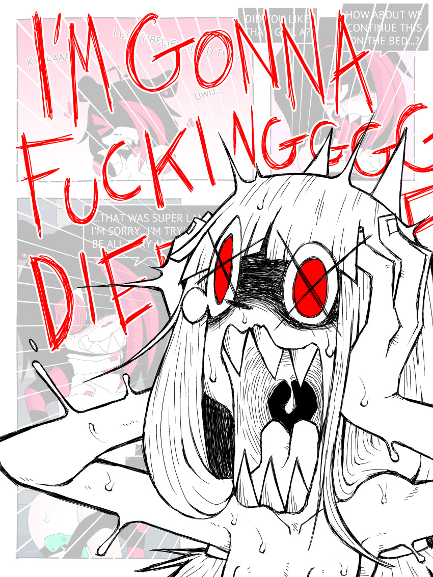 absurd_res anthro bodily_fluids breasts comic crying dialogue exaggerated_expression female flat_chested forced girl_a girl_b hand_on_head hi_res insane ponporio_(artist) rape red_eyes screaming sharp_teeth solo sweat tears teeth