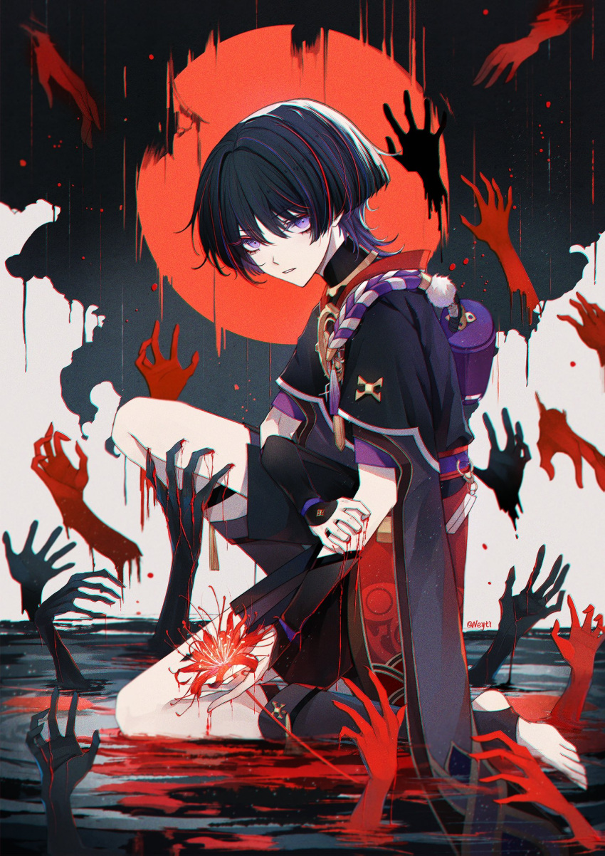 1boy black_hair blood blood_on_hands blood_splatter colored_eyelashes flower from_side full_body gauntlets genshin_impact highres japanese_clothes neytirv on_one_knee purple_eyes scaramouche_(genshin_impact) short_hair shorts solo spider_lily