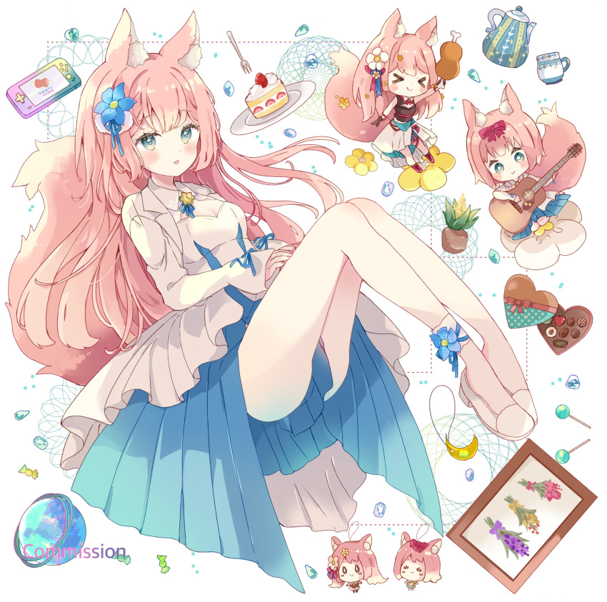 :o absurdres animal_ears cake cake_slice chibi chibi_inset commission dress flower food fox_ears fox_girl fox_tail full_body green_eyes hair_flower hair_ornament highres open_mouth original pink_hair skeb_commission tail tsukiyo_(skymint) white_background white_footwear