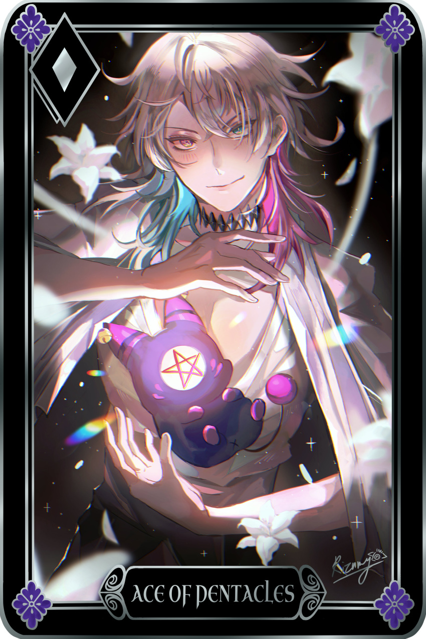 1boy absurdres androgynous black_thighhighs blue_eyes blue_hair blush border card_(medium) creature diamond_choker english_commentary falling_feathers feathers flower gavis_bettel grey_hair heterochromia highres holostars holostars_english knees_up looking_at_viewer male_focus multicolored_hair open_clothes open_shirt petals phantom_(gavis_bettel) pink_eyes pink_hair pinned riz_tempura shirt signature smile solo sparkle tarot tarot_(medium) thighhighs upper_body virtual_youtuber weapon white_feathers white_flower white_shirt