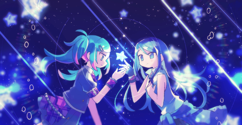 2girls air_bubble black_gloves black_shirt blue_eyes blue_hair bubble character_request check_character closed_mouth collared_shirt commentary_request cowboy_shot fingerless_gloves gloves hatsune_miku highres hoshino_ichika_(project_sekai) leo/need_miku long_hair looking_at_another multicolored_hair multiple_girls pink_hair profile project_sekai red_skirt shirt sidelocks skirt sleeveless sleeveless_shirt smile standing streaked_hair t705gp twintails white_shirt