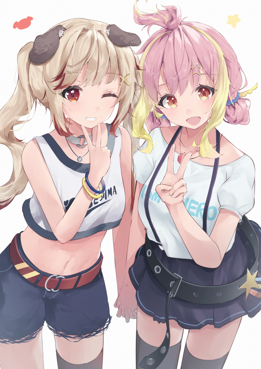 2girls absurdres animal_ears animare belt black_belt black_skirt blonde_hair blue_shorts clothes_writing commentary_request cowboy_shot dog_ears grin hair_ornament hand_up highres hira_hikari holding_hands jewelry long_hair looking_at_viewer midriff miniskirt multicolored_hair multiple_bracelets multiple_girls nanashi_inc. navel necklace one_eye_closed open_mouth orange_eyes partial_commentary pink_hair print_shirt red_belt red_eyes red_hair sena_(sena_soar) seshima_rui shirt short_sleeves shorts sidelocks simple_background single_thighhigh skirt smile standing star_(symbol) star_hair_ornament t-shirt tank_top teeth thighhighs two-tone_hair v virtual_youtuber white_background white_shirt white_tank_top