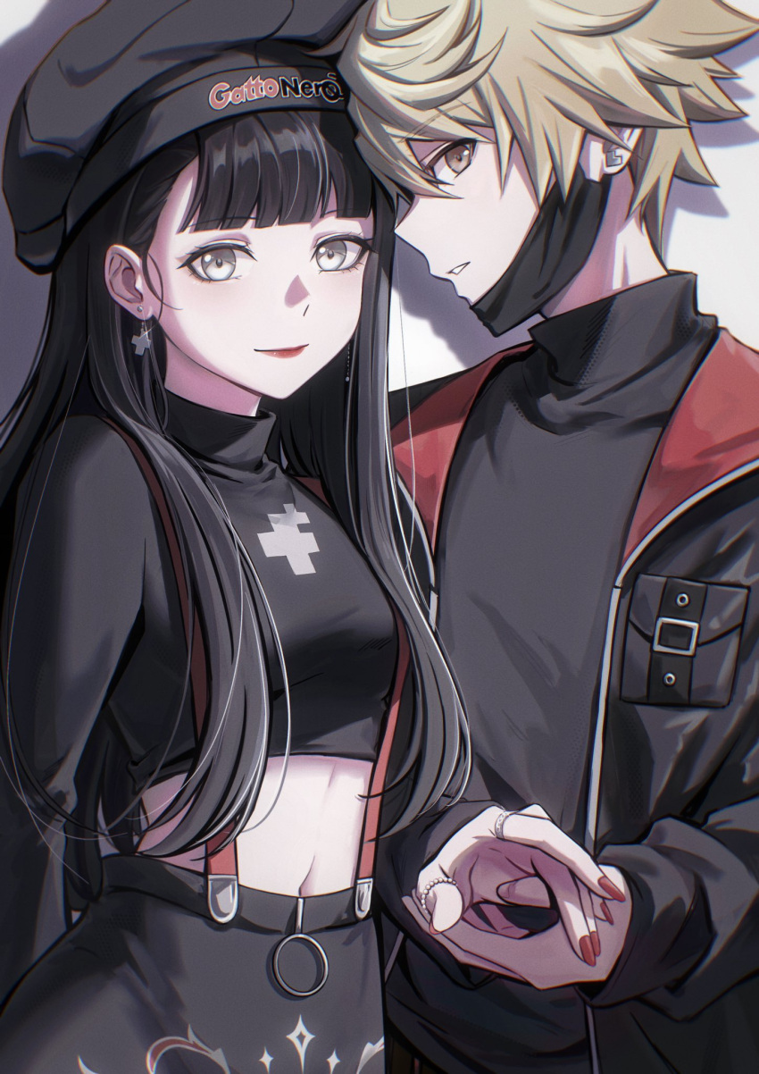 1boy 1girl black_hair blonde_hair brown_eyes couple crop_top earrings grey_eyes hat high-waist_pants highres holding_hands ikooto111 jewelry kanade_rindou long_hair mask midriff mouth_mask multiple_rings navel pants ring sakurane_shouka shin_subarashiki_kono_sekai smile subarashiki_kono_sekai suspenders turtleneck