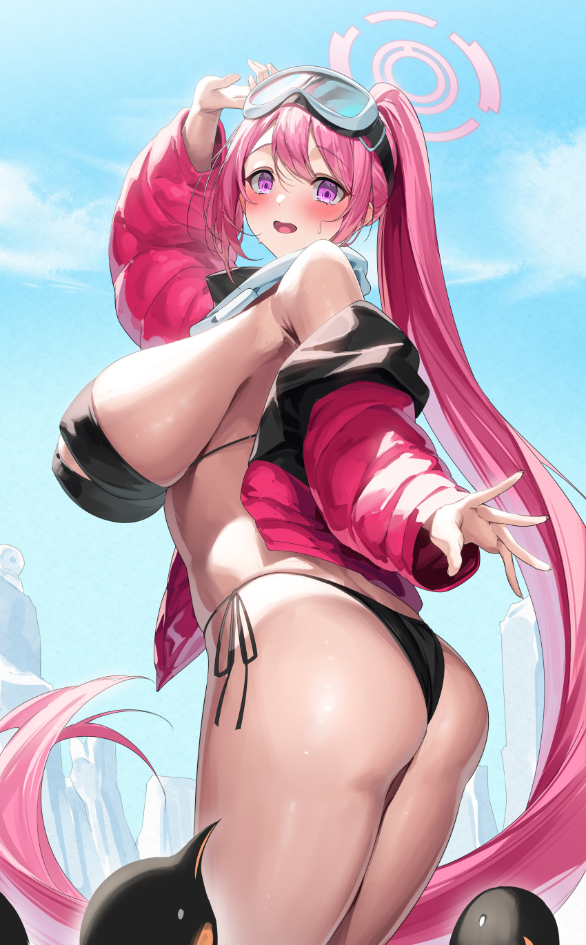1girl absurdres ass bikini bird black_bikini blue_archive blue_sky breasts commentary day eimi_(blue_archive) glacier goggles goggles_on_head high_ponytail highres jacket large_breasts long_hair looking_down open_clothes open_jacket outdoors padded_jacket penguin pink_eyes pink_hair red_jacket scarf side-tie_bikini_bottom ski_goggles sky smile sweat swimsuit thighs white_scarf yamanokami_eaka