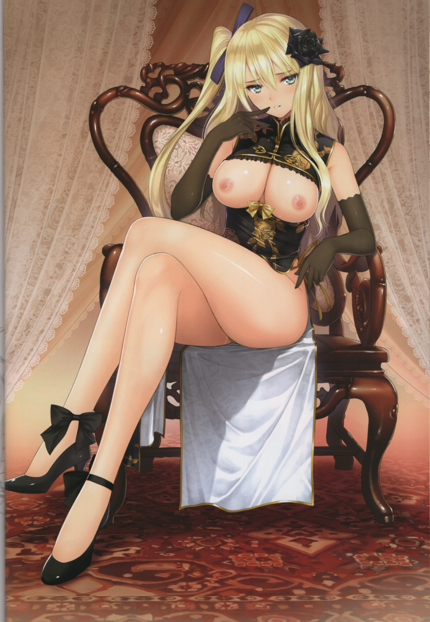 1girl absurdres bare_shoulders black_footwear black_gloves blonde_hair blue_eyes blush bow breasts chair china_dress chinese_clothes crossed_legs curtains dress elbow_gloves floral_print flower frills full_body gloves hair_ornament hand_up high_heels highres jin-lian long_hair looking_at_viewer medium_breasts one_side_up original panties pantyshot parted_lips scan sitting sleeveless sleeveless_dress smile solo thighs tony_taka underwear