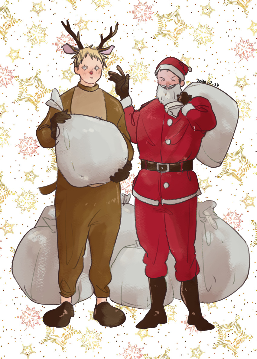 2boys absurdres aikawa_(dorohedoro) alternate_costume animal_costume animal_ears antlers black_hair blonde_hair christmas colored_tips couple deer_ears dorohedoro facial_mark fake_beard fake_facial_hair full_body hat highres horns looking_at_viewer male_focus medium_sideburns multicolored_hair multiple_boys nishida_(pixiv_50671594) no_eyebrows red_nose reindeer_antlers reindeer_costume risu_(dorohedoro) sack santa_costume santa_hat standing thick_eyebrows waving yaoi