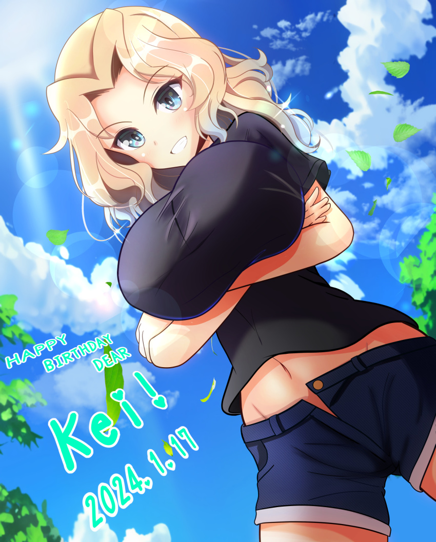 1girl black_shirt blonde_hair blue_eyes blue_shorts blush breasts character_name crossed_arms dated from_below girls_und_panzer grin happy_birthday highres kay_(girls_und_panzer) kumaisao large_breasts long_hair midriff military_uniform navel open_clothes open_shorts outdoors saunders_military_uniform shirt shorts sky smile solo uniform