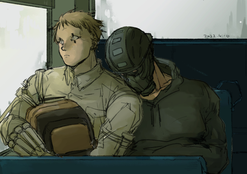 2boys aikawa_(dorohedoro) backpack backwards_hat bag black_hair blonde_hair bus_interior colored_tips couple dorohedoro facial_mark gas_mask hands_on_another's_shoulder hat highres looking_outside male_focus mask medium_sideburns multicolored_hair multiple_boys nishida_(pixiv_50671594) no_eyebrows risu_(dorohedoro) sleeping sleeping_on_person thick_eyebrows unfinished upper_body yaoi