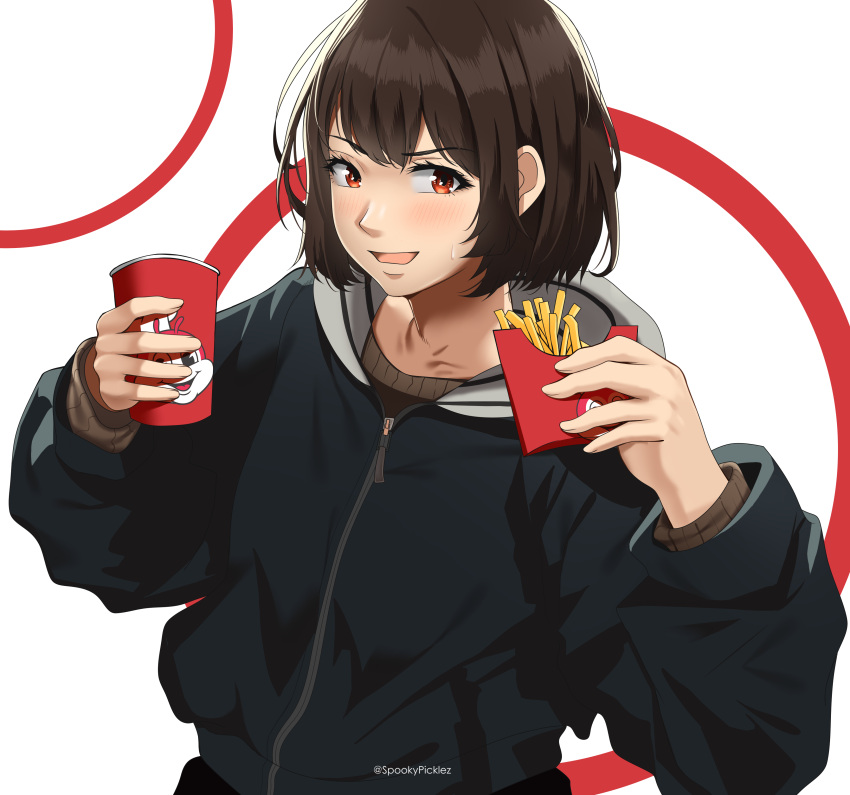 1girl absurdres black_jacket brown_eyes brown_hair brown_sweater cup fast_food food french_fries highres holding holding_cup jacket jollibee looking_at_viewer open_mouth original short_hair solo spookypicklez sweatdrop sweater