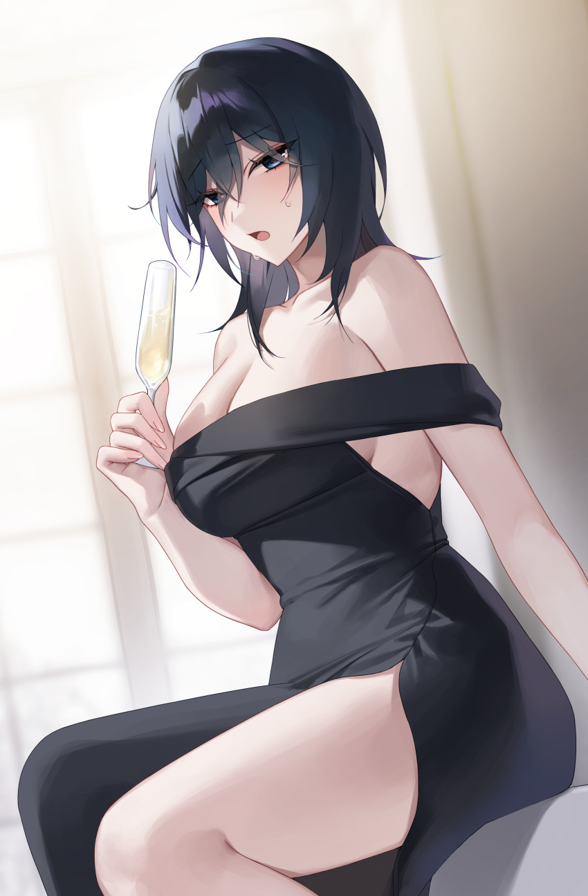 1girl absurdres alcohol arm_support bare_shoulders black_dress black_hair blue_eyes blurry blurry_background borrowed_character breasts champagne champagne_flute cleavage commentary crossed_bangs cup dress drinking_glass eyes_visible_through_hair feet_out_of_frame fingernails from_side furrowed_brow hair_between_eyes hand_up highres holding holding_cup indoors large_breasts long_dress long_fingernails long_hair looking_at_viewer off-shoulder_dress off_shoulder open_mouth original raki_kr side_slit sitting solo sweat thighs window yokoyama_ishimi