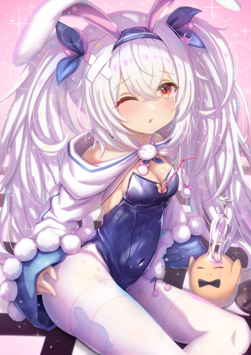 1girl :o absurdres animal_ears azur_lane bandaid bandaid_hair_ornament bare_shoulders between_breasts blue_leotard breasts champagne_flute cleavage cloak covered_navel crossed_bangs cup drinking_glass drinking_straw fake_animal_ears hair_between_eyes hair_ornament highleg highleg_leotard highres laffey_(azur_lane) laffey_ii_(azur_lane) laffey_ii_(sleepy_on_a_busy_day)_(azur_lane) leotard long_hair long_sleeves manjuu_(azur_lane) medium_breasts official_alternate_costume one_eye_closed open_mouth pantyhose playboy_bunny rabbit_ears red_eyes sitting sleeves_past_wrists solo strapless strapless_leotard thighband_pantyhose twintails very_long_hair white_cloak white_hair white_pantyhose zusshii_(libertasgenesis)