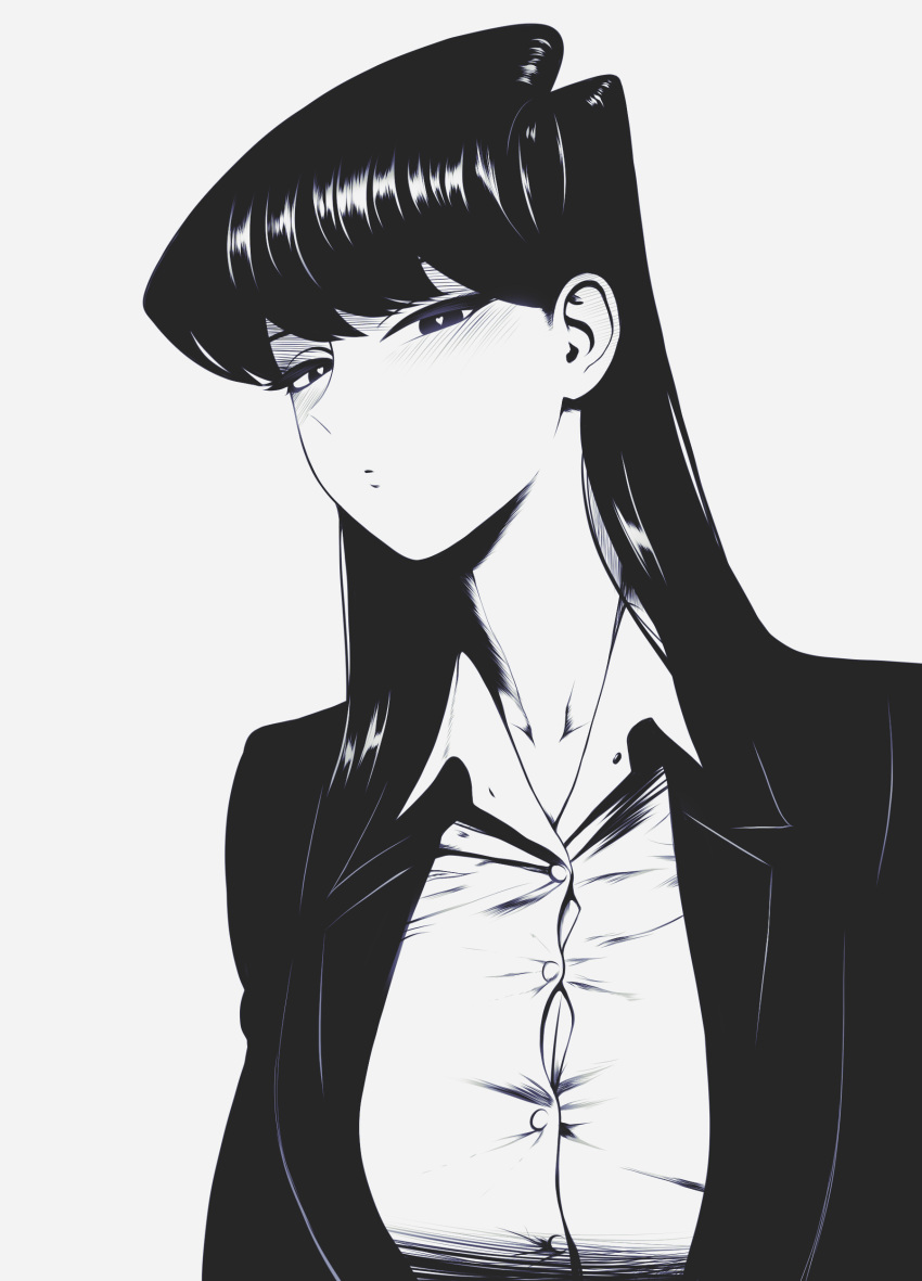 1girl absurdres blazer breasts cleavage collared_shirt greyscale heart heart-shaped_pupils highres jacket komi-san_wa_komyushou_desu komi_shouko large_breasts long_hair looking_at_viewer monochrome mostlybluewyatt shirt solo symbol-shaped_pupils