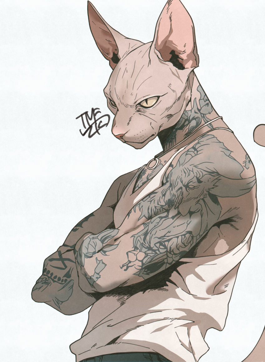 1boy absurdres animal_ears arm_tattoo artist_name blue_background cat_boy cat_ears cat_tail chest_tattoo closed_mouth colored_sclera crossed_arms highres jewelry looking_at_viewer male_focus neck_tattoo necklace o-ring original signature simple_background slit_pupils solo sphynx_(cat) tail tank_top tattoo tomochiso upper_body white_tank_top yellow_sclera