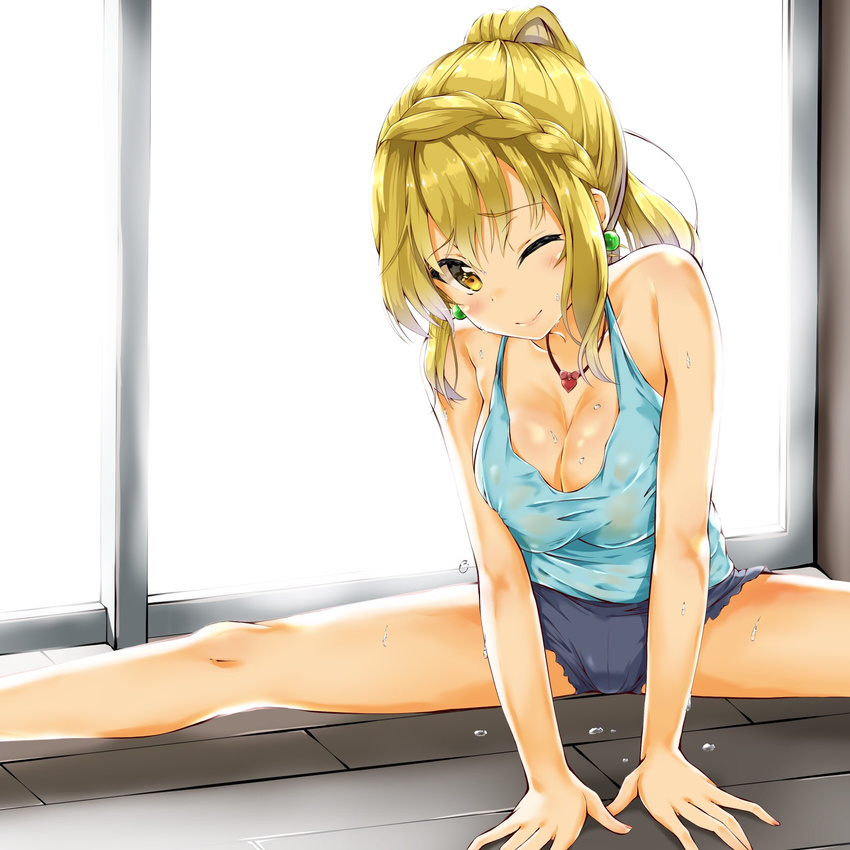 ;) blonde_hair blue_shirt blue_shorts blush braid breasts camisole cleavage closed_mouth collarbone earrings eyebrows_visible_through_hair head_tilt heart heart_necklace highres hinabita izumi_ibuki jewelry kuria_(clear_trip_second) medium_breasts on_floor one_eye_closed orange_eyes ponytail shirt short_shorts shorts smile solo split spread_legs sweat wooden_floor