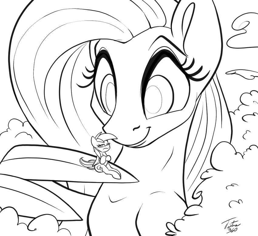 2017 black_and_white cutie_mark duo equine eyelashes feathered_wings feathers female feral fluttershy_(mlp) friendship_is_magic hair long_hair macro mammal monochrome my_little_pony pegasus rainbow_dash_(mlp) smile tsitra360 wings