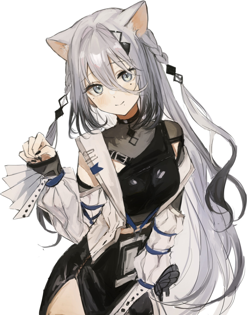 1girl absurdres animal_ears black_dress cat_ears crop_top dress gradient_hair grey_eyes grey_hair highres jacket long_hair mita_(d66886) mole mole_under_eye multicolored_hair nijisanji open_clothes open_jacket side_slit smile solo sophia_valentine sophia_valentine_(1st_costume) very_long_hair virtual_youtuber white_jacket