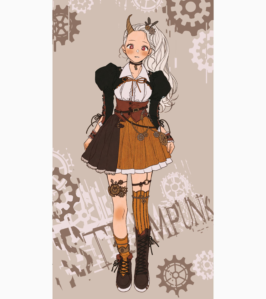 1girl aged_up alternate_costume asymmetrical_footwear asymmetrical_legwear black_sleeves boku_no_hero_academia boots brown_footwear brown_horns brown_skirt eri_(boku_no_hero_academia) full_body gear_hair_ornament gears highres horns long_hair long_sleeves mismatched_footwear mismatched_legwear multicolored_clothes multicolored_skirt orange_skirt orange_thighhighs oru_2ji puffy_long_sleeves puffy_sleeves red_eyes single_boot single_horn single_thighhigh skirt solo standing striped_clothes striped_skirt striped_thighhighs thighhighs white_hair