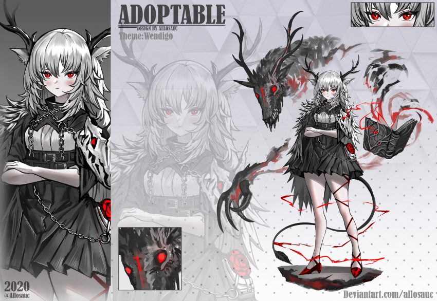 1girl 2020 adoptable allosauc animal_ear_fluff animal_ears animal_skull antlers artist_name belt belt_buckle black_belt black_scarf black_skirt book buckle cape chain close-up closed_mouth commentary cowboy_shot creature_and_personification crossed_arms deer_ears deviantart_username disembodied_penis english_commentary english_text flower full_body fur_cape gradient_background grey_background grimoire high-waist_skirt high_heels highres horns leg_ribbon light_blush light_frown long_hair miniskirt multiple_views original pale_skin penis pleated_skirt polka_dot polka_dot_background projected_inset red_eyes red_flower red_footwear red_ribbon red_rose reference_sheet ribbon rose scarf shirt simple_background single_bare_leg skirt smoke triangle_background turning_page wendigo white_cape white_hair white_shirt