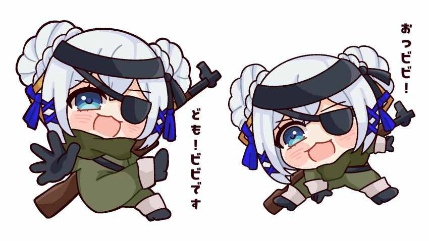 1girl black_gloves blue_eyes chibi double_bun eyepatch gloves green_scarf grey_hair gun hair_bun hair_ornament headband highres metal_gear_(series) multiple_views nana_(ringopan) nijisanji nijisanji_en scarf shotgun tassel tassel_hair_ornament victoria_brightshield weapon x_hair_ornament